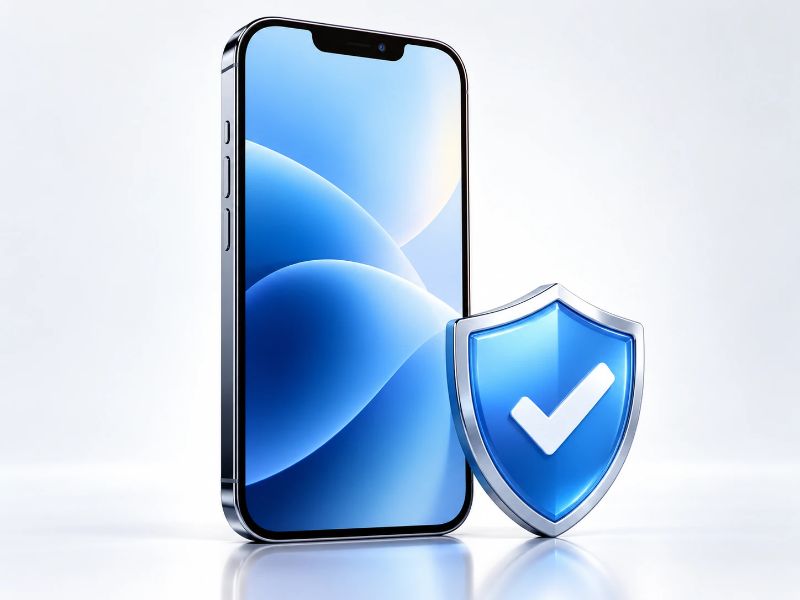 スマートフォンと補償を表す盾のイメージ