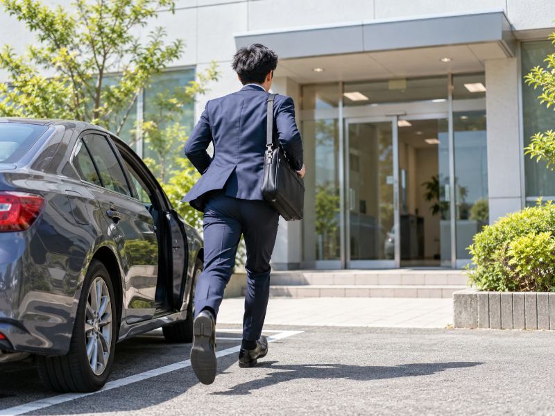 お客様の会社へ急いで向かう当社スタッフのイメージ